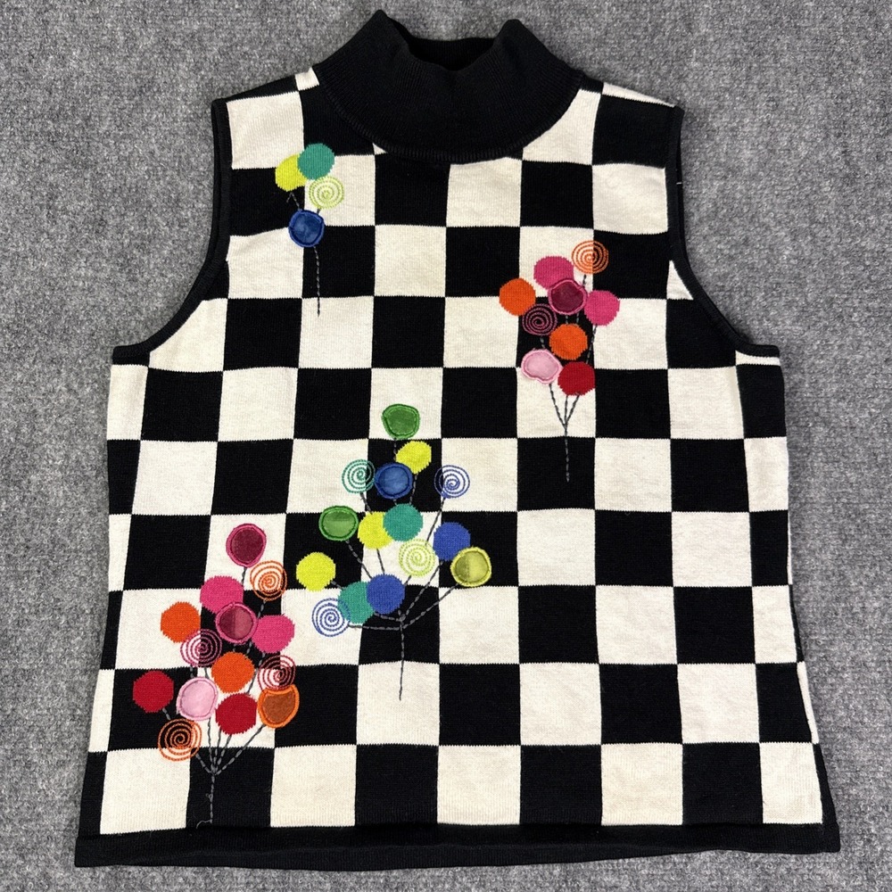 Marisa Christina Mock Neck Sweater Vest Checkered Balloons Artsy PM Medium 90s
